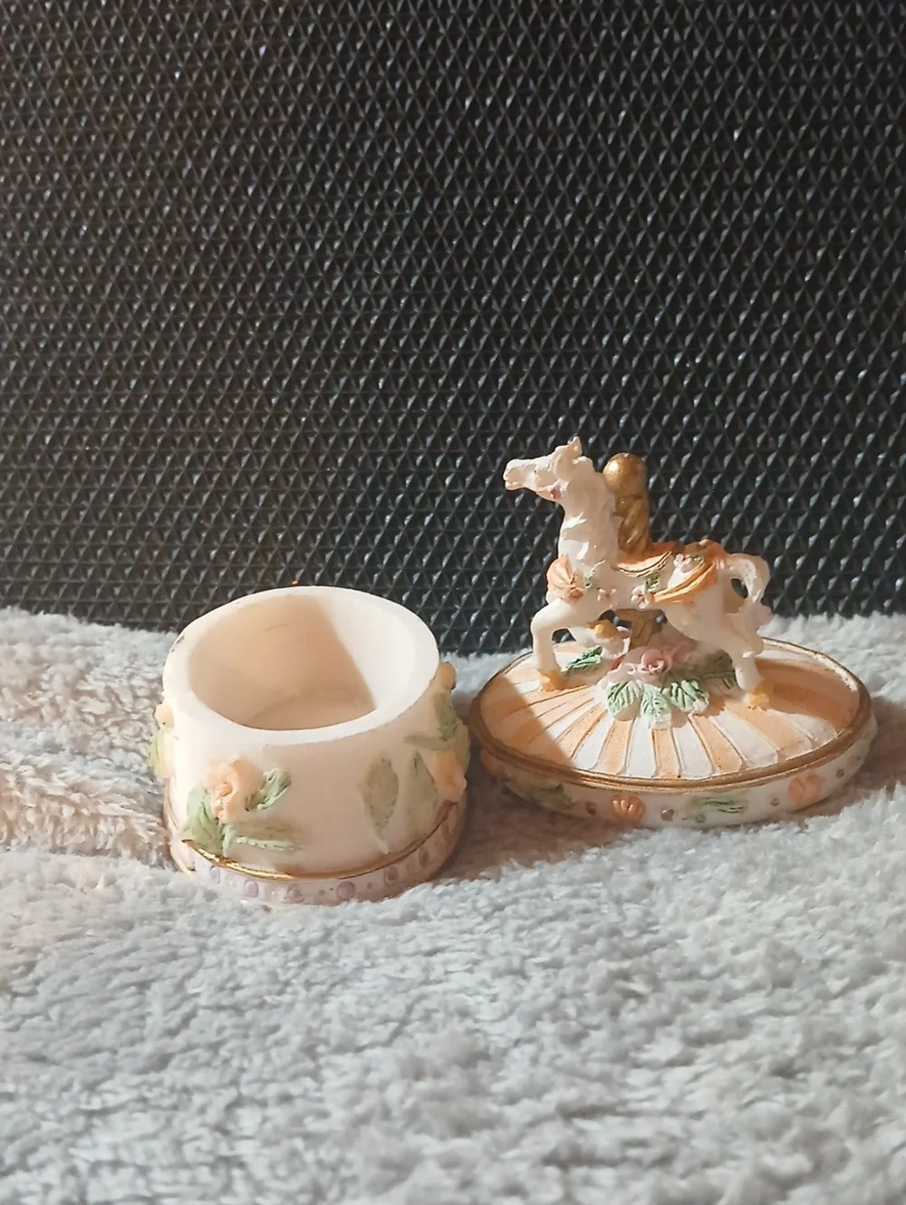 Vintage Porcelain Carousel Horse Trinket Box - Cream & Peach
